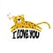 Colorful background with happy leopard, hearts and english text. I love you. Decorative cute illustration with animal