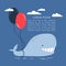 Colorful background with happy whale, air ballons and place for text. Decorative cute backdrop