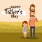 Colorful background landscape with girl in shoulders of dad and daughter of the hand on the fathers day
