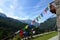 Colorful backlit Himalayan prayer flags, Valle d`Aosta, Italy