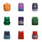 Colorful backpack icon set, cartoon style