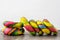 Colorful bagels on a wooden table