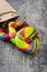 Colorful bagels on a wooden table