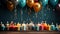Colorful balloons and candles on blue birthday background banner