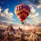 Colorful balloons, Cappadocia take to the sky, offering an aerial adventure over the breathtaking Rocky Mountains