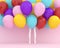 Colorful balloons floating with white legs woman on pastel pink