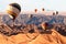 Colorful balloons flying over the moon valley mountain. Africa.