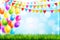 Colorful balloons and party flags on blue background with green grass and bokeh. Vector illustration