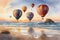 Colorful balloons rising up during sunset background