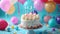 Colorful balloons, streamers, and a birthday cake create a cheerful ambiance