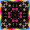 Colorful bandana print with bright flowers on black background in multicolor frame. Fashion design for summer scarf, kerchief