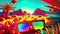 Colorful banner with abstract monitor screen, sunglasses, desert and mountains, ai generation