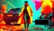 Colorful banner with Fashion shot of a stylish young man in a red coat and sunglasses posing near a car, ai generation