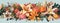 A colorful banner featuring a vibrant bouquet of flowers, including roses, lilies, daisies, and tulips, arranged in an elegant and