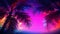 Colorful beach party background illustration, neon palm trees against the night sky, rave festival design