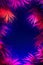 Colorful beach party background illustration, neon palm trees against the night sky, rave festival design