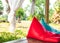 Colorful bean bags seat furniture outdoor are decorated in garden