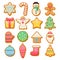 Colorful beautiful Christmas cookies icons set