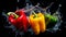 A colorful bell pepper creating a burst of color in water