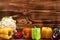 Colorful bell peppers and cauliflower, fresh vegetables  on wooden table