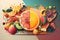 Colorful berries and fruits splash on a trendy colors background. Multicolored fruit background, healthy lifestyle banner. Healthy