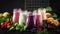 Colorful berry cokctalis, smoothies and milkshakes with fresh fruit and berries on brown table, copy space, selective focus