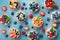 Colorful berry tartlets or cake for kitchen pattern. Pastry dessert from above.