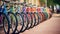 Colorful Bicycles Parked in a Row on Urban Sidewalk. Generative ai