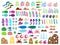 Colorful big hand drawn set of sea and ocean creatures objects plants. Vector textured minimalism. Whale fish snail shrimp sand