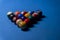 Colorful billiards balls. Billiard ball at blue table. Colorful