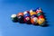 Colorful billiards balls. Billiard ball at blue table. Colorful