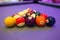 Colorful billiards balls. Billiard ball at blue table. Colorful American pool snooker balls background. American Billiard in bar.