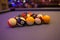 Colorful billiards balls. Billiard ball at blue table. Colorful American pool snooker balls background. American Billiard in bar.