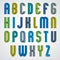 Colorful binary narrow cartoon font, upper case letters.