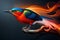 colorful bird on a black background with fire and smoke in the background. vibrant artwork. digital art. artistic feathers of a