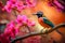 Colorful bird on branch with pink flowers. Generate ai