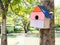 Colorful Bird Houses in the park Hanging on a tree, The bird house was placed at various points.birdhouse forest with many