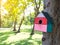 Colorful Bird Houses in the park Hanging on a tree, The bird house was placed at various points.birdhouse forest with many