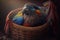 Colorful bird sitting in a handwoven basket with a majestic expression and vivid plumage