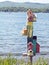 colorful birdhouses and Berkshire Mountains Pontoosuc Lake
