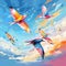 Colorful birds gracefully soaring through a clear blue sky