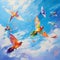Colorful birds gracefully soaring through a clear blue sky