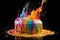 Colorful birthday cake exploding and melting. Conceptual illustration. Generative AI