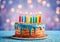 Colorful birthday cake with lit colored candles.