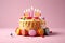 Colorful Birthday Cake on Pastel Background for Sweet Celebrations and Happy Moments. created with Generative AI