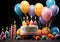 Colorful birthday cake. Rainbow cake with pastel colored balloons. Fantasy birthday. Celebration. Smash the cake photoshoot. AI