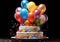 Colorful birthday cake. Rainbow cake with pastel colored balloons. Fantasy birthday. Celebration. Smash the cake photoshoot. AI