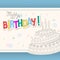 Colorful birthday card with outline doodle cake three candles