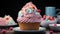 A colorful birthday cupcake with whipped cream and candy decoration generated by AI