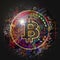 Colorful bitcoin with bright paint splatters on white background, cryptocurrency concep